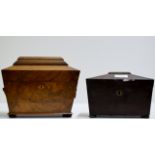 INLAID MAHOGANY & WALNUT SARCOPHAGUS STYLE 2 DIVISION TEA CADDY & 1 OTHER TEA CADDY