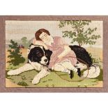 WORLD WAR I INTEREST WOOLWORK PANEL, CIRCA 1915 depicting a girl and her dog, framed, Bears label