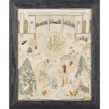 ENGLISH SCHOOL EMBROIDERED SILKWORK PANEL, CIRCA 1920 depicting an unusual allegorical