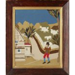 ENGLISH FOLK ART FELTWORK PANEL, EARLY 20TH CENTURY depicting a man carrying a sheep on his