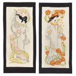 AFTER ALPHONSE MUCHA PAIR OF EMBROIDERED HANGING PANELS, CIRCA 1900 each depicting an Art Nouveau