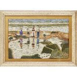 ENGLISH SCHOOL WOOLWORK PANEL, CIRCA 1930 depicting a naive study of figures reflected on the shore,