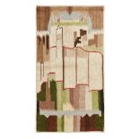 ART DECO WOOLWORK HANGING PANEL, CIRCA 1930 depicting abstracted townscape, signed JEAN FEARON 75