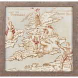 WORLD WAR I INTEREST FRAMED COTTON HANDKERCHIEF, CIRCA 1914-15 printed with a map of Great Britain