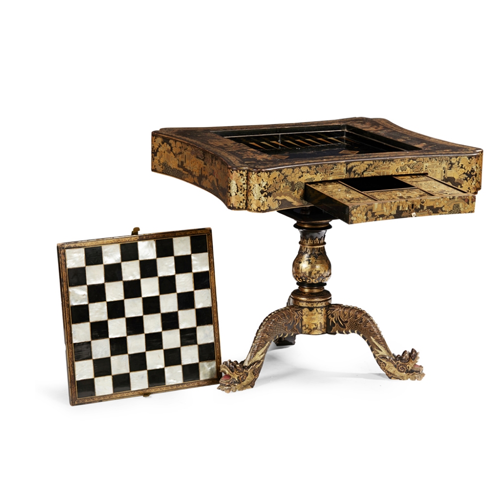 GOOD CHINESE EXPORT BLACK LACQUER AND GILT GAMES TABLE EARLY 19TH CENTURY the shaped rectangular top