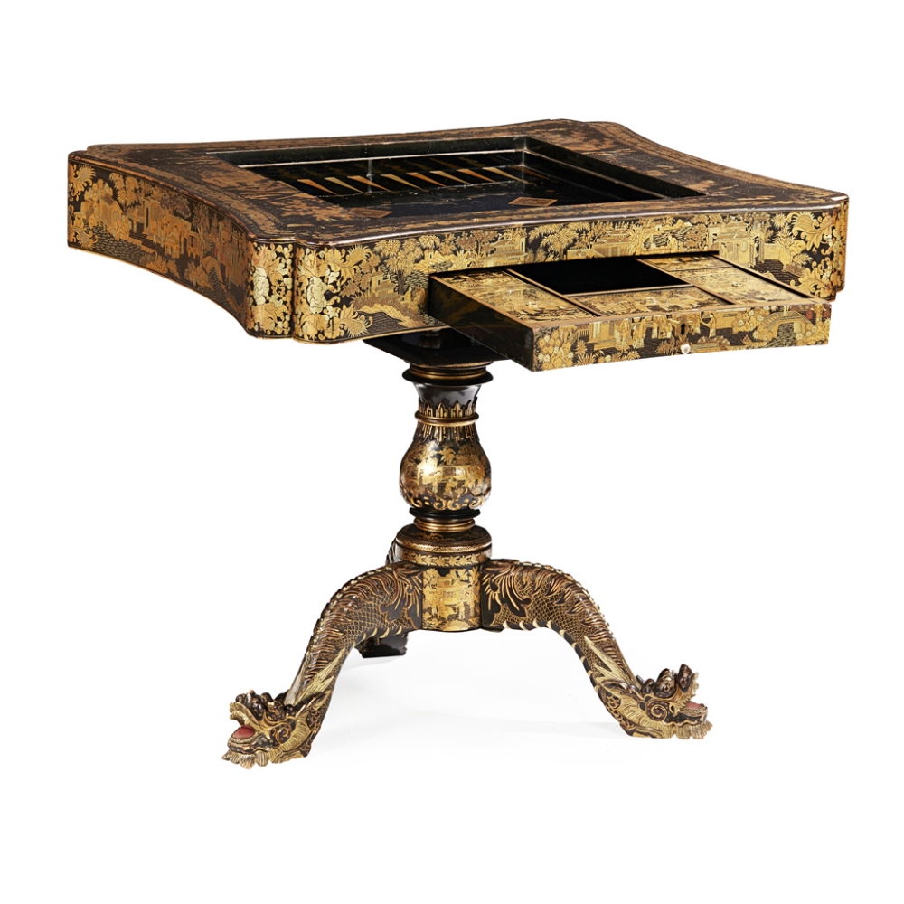 GOOD CHINESE EXPORT BLACK LACQUER AND GILT GAMES TABLE EARLY 19TH CENTURY the shaped rectangular top - Image 2 of 3