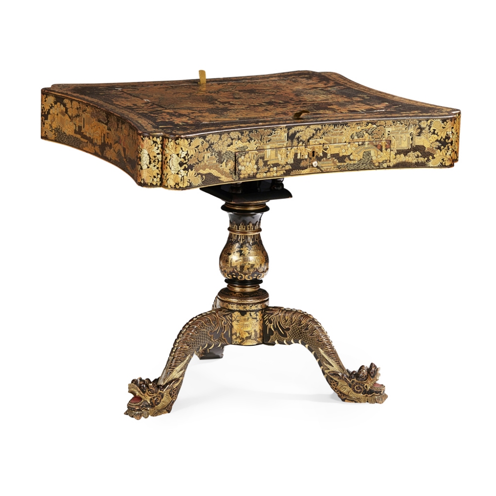 GOOD CHINESE EXPORT BLACK LACQUER AND GILT GAMES TABLE EARLY 19TH CENTURY the shaped rectangular top - Image 3 of 3