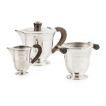 ART DECO SILVER PLATE TEA SERVICE, CIRCA 1930 comprising a TEAPOT, 18cm high; a SUGAR BOWL, 12cm