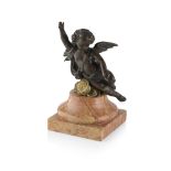 FRENCH 19TH CENTURY SCHOOL BRONZE FIGURE OF CUPID with gilt highlights, raised on a marble socle and