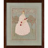 GLASGOW SCHOOL ARTS & CRAFTS EMBROIDERED PANEL, CIRCA 1910 worked as a maiden in a garden,