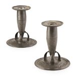 ARCHIBALD KNOX (1854-1933) FOR LIBERTY & CO., LONDON PAIR OF 'TUDRIC' PEWTER CANDLESTICKS, CIRCA