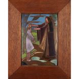 GLASGOW SCHOOL COPPER AND ENAMEL FRAMED PANEL, CIRCA 1950 depicting a mother and child and