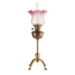 W.A.S. BENSON (1854-1924) BRASS AND COPPER OIL LAMP, CIRCA 1890 with reeded column support and
