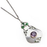 MURRLE BENNETT & CO. ART NOUVEAU SILVER, ENAMEL AND GEM SET PENDANT, CIRCA 1900 the hammered pendant