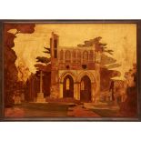 ATTRIBUTED TO ROWLEY GALLERY, LONDON TWO MARQUETRY PANELS, CIRCA 1930 a framed example depicting a