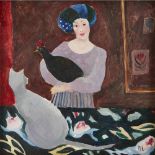 [§] BRENDA LENAGHAN R.S.W. (SCOTTISH B.1941) BLACK HEN AND RUSSIAN BLUE signed with initials, oil on