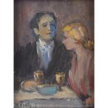 [§] MOIRA BEATY (SCOTTISH 1922-2015) DINNER DATE signed, oil on board 11.5cm x 8.5cm (4.5in x 3.