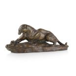CLOVIS EDMOND MASSON (1838-1913) BRONZE FIGURE GROUP OF A PANTHER AND SERPENT signed in the bronze