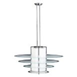 FRENCH SCHOOL ART DECO CHROME AND GLASS CEILING LIGHT, CIRCA 1930 with tubular supports and