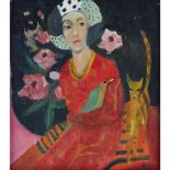 [§] BRENDA LENAGHAN R.S.W. (SCOTTISH B. 1941) TURBAN AND ORANGE CAT signed with initials, oil on