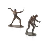 SPANISH SCHOOL PAIR OF BRONZE FIGURES OF MALE DANCERS one with outstretched arms, stamped artist's