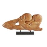 JAMES LAIRD ABSTRACT OAK SCULPTURE, 20TH CENTURY raised on a patinated metal plinth, unsigned 30cm