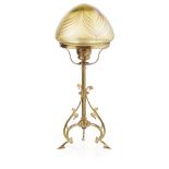 LOETZ, AUSTRIA TABLE LAMP, CIRCA 1900 the iridescent glass shade of mushroom form in gold and pink