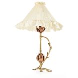 W.A.S. BENSON (1854-1924) COPPER AND BRASS TABLE LAMP, CIRCA 1900 the turned column with leaf-cast