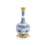 HEXAGONAL BLUE AND WHITE VASE WITH GILT MOUNTS LATE MING DYNASTY the square section body decorated