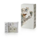 QIANJIANG ENAMELLED AND INSCRIBED RECTANGULAR JOSS STICK HOLDER SIGNED LIU HENGXIANG (ACTIVE