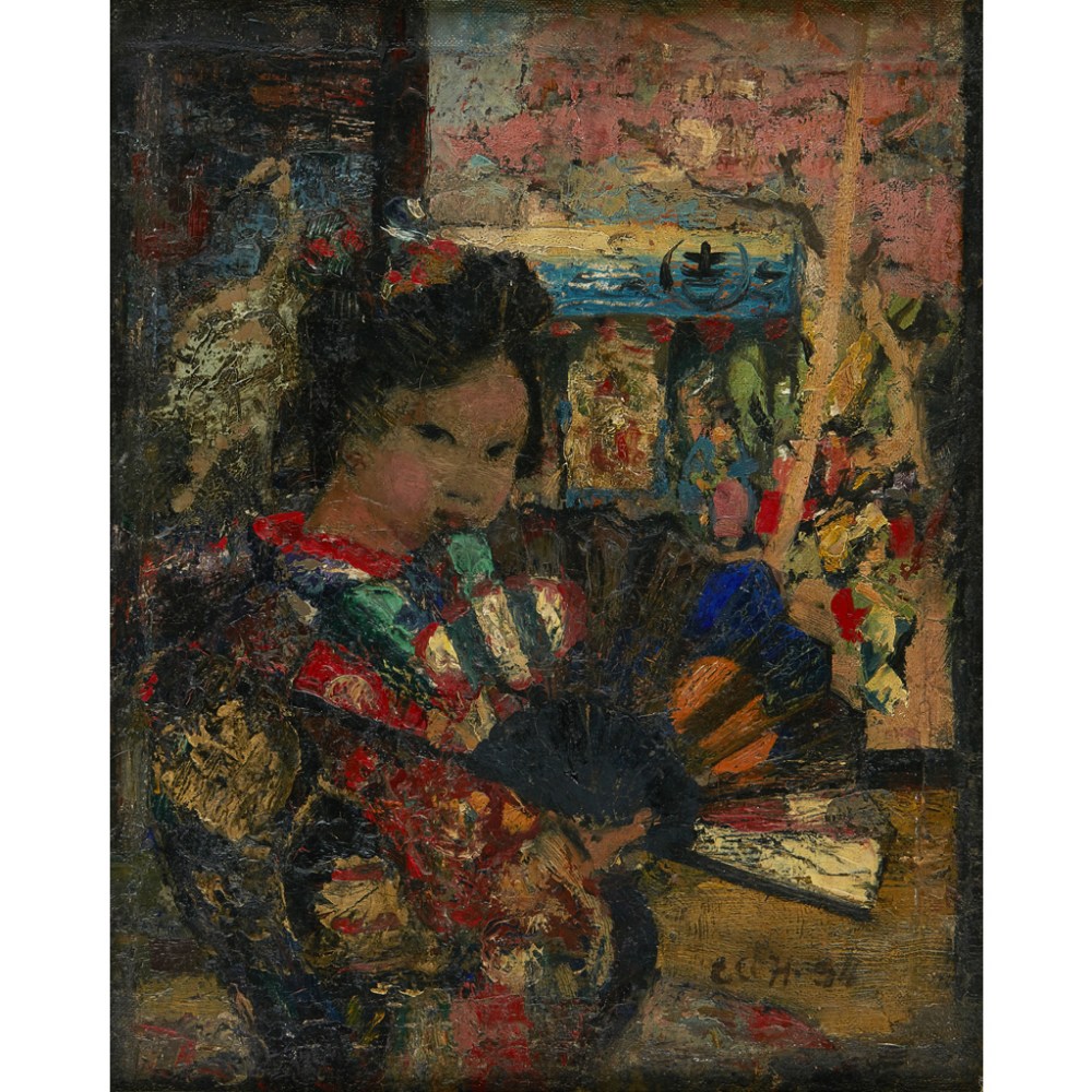 EDWARD ATKINSON HORNEL (SCOTTISH 1864-1933) THE FAN Signed with initials and dated '94, oil on - Image 2 of 2