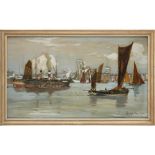 JAMES KAY R.S.A., R.S.W. (SCOTTISH 1858-1942) IN HARBOUR Signed, gouache 29cm x 49.5cm (11.5in x