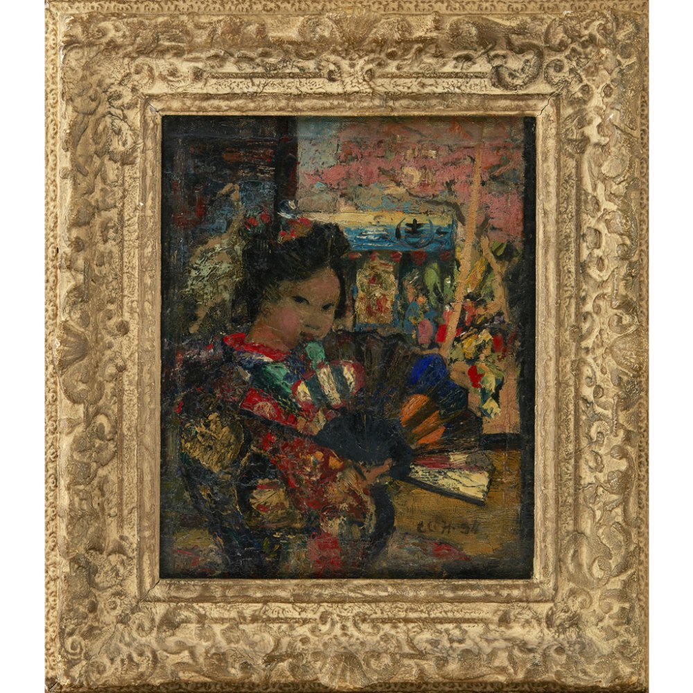 EDWARD ATKINSON HORNEL (SCOTTISH 1864-1933) THE FAN Signed with initials and dated '94, oil on