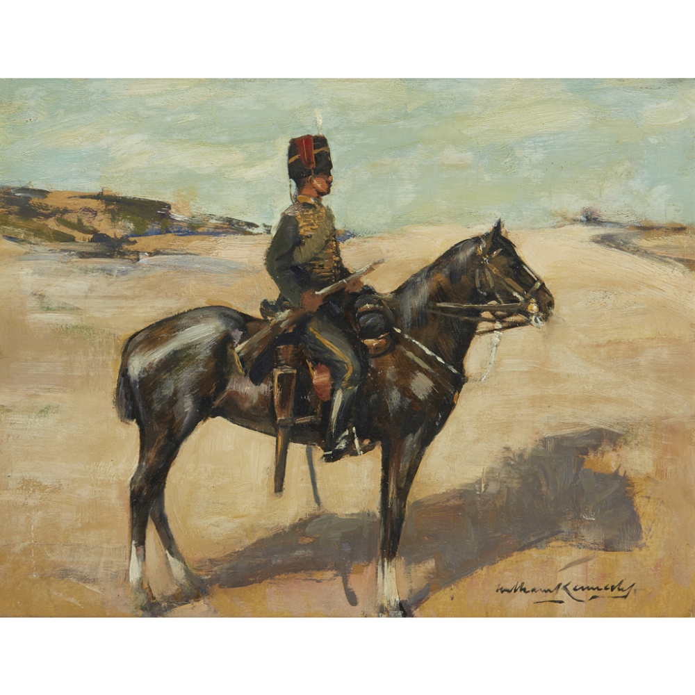 WILLIAM KENNEDY (SCOTTISH 1859- 1918) A TROOPER OF DRAGOON GUARDS Signed, oil on board 28cm x 36.5cm - Image 3 of 4