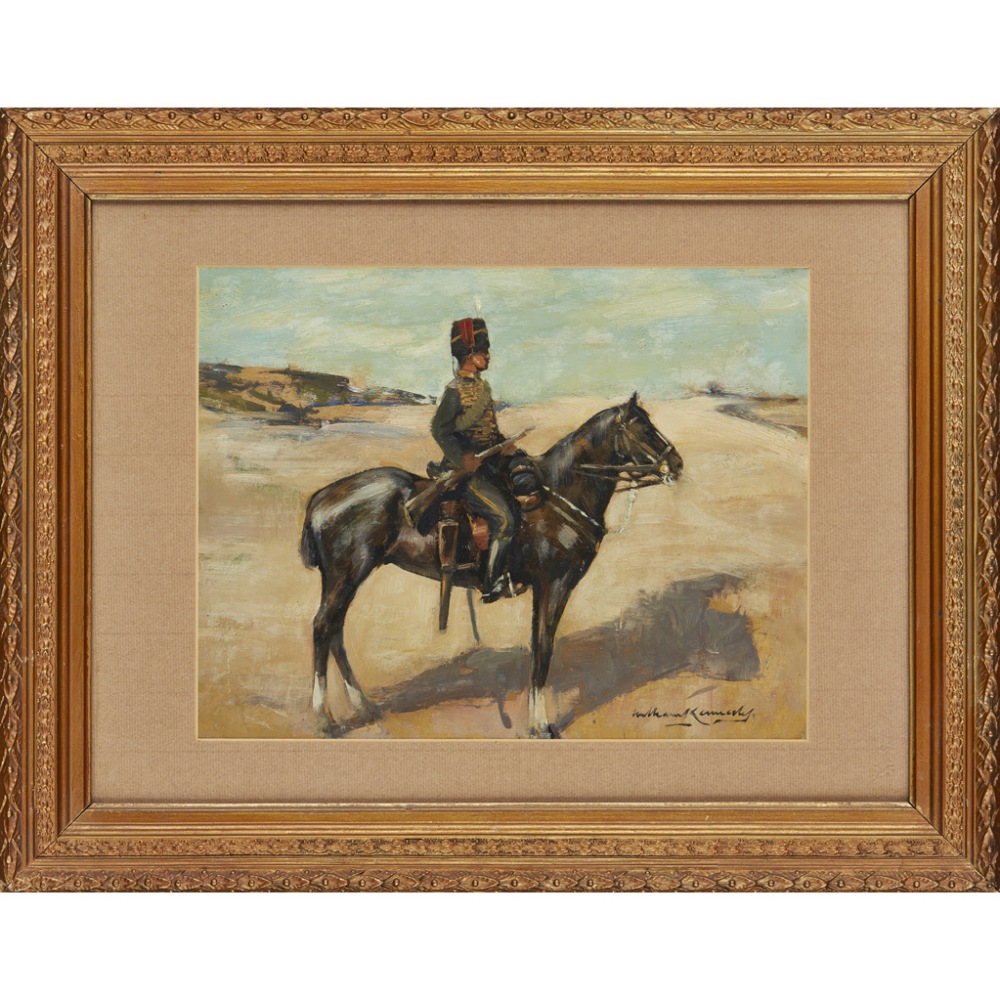 WILLIAM KENNEDY (SCOTTISH 1859- 1918) A TROOPER OF DRAGOON GUARDS Signed, oil on board 28cm x 36.5cm