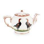 A RARE WEMYSS WARE TEAPOT & COVER 'FIGHTING COCKEREL', CIRCA 1900 impressed maker's mark WEMYSS,