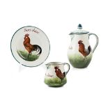 A WEMYSS WARE 'BONJOUR' TRIO 'BROWN COCKEREL AND HENS' PATTERN, EARLY 20TH CENTURY each with