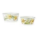 A LARGE AND A SMALL WEMYSS WARE DOG BOWL 'DAFFODILS' PATTERN, CIRCA 1900 the large with impressed