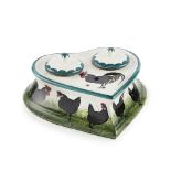 A WEMYSS WARE HEART-SHAPED INKSTAND 'BLACK COCKEREL & HENS' PATTERN, CIRCA 1900 impressed maker's