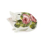 A WEMYSS WARE PIG MONEYBOX 'CABBAGE ROSES' PATTERN, CIRCA 1900 decorated by James Sharp, painted and