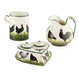 A GROUP OF WEMYSS WARE 'BLACK COCKEREL & HENS' PATTERN, EARLY 20TH CENTURY comprising a LARGE MUG,