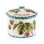 A WEMYSS WARE BISCUIT BARREL & COVER 'RASPBERRIES' PATTERN, EARLY 20TH CENTURY bearing the