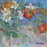 DONALD MANSON (SCOTTISH B.1948) FLOWERS AND APPLES BY THE RIVER Signed, acrylic on canvas 40cm x