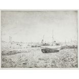 [§] ELIZABETH BLACKADDER D.B.E., R.A., R.S.A., R.S.W., R.G.I. (SCOTTISH B.1931) BOAT AT LOW TIDE