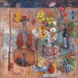 DONALD MANSON (SCOTTISH B.1948) VIOLIN, FLOWERS AND FRUIT Signed, acrylic on canvas 76cm x 76cm (