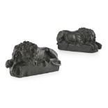 AFTER ANTONIO CANOVA (ITALIAN 1757-1822) PAIR OF SERPENTINE 'CANOVA' LIONS raised on integral