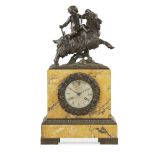 FRENCH BRONZE MOUNTED SIENA MARBLE MANTEL CLOCK MID 19TH CENTURY the bronze figural pediment