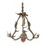 CONTINENTAL CARVED AND PAINTED ANTLER CHANDELIER 19TH CENTURY with a carved figure of a mermaid