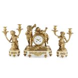 FRENCH GILT BRONZE AND MARBLE CLOCK GARNITURE AFTER CLODION LATE 19TH CENTURY the white enamel