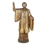 SPANISH CARVED POLYCHROME AND PARCEL GILT FIGURE OF SAINT, POSSIBLY FRANCIS XAVIER LATE 17TH/